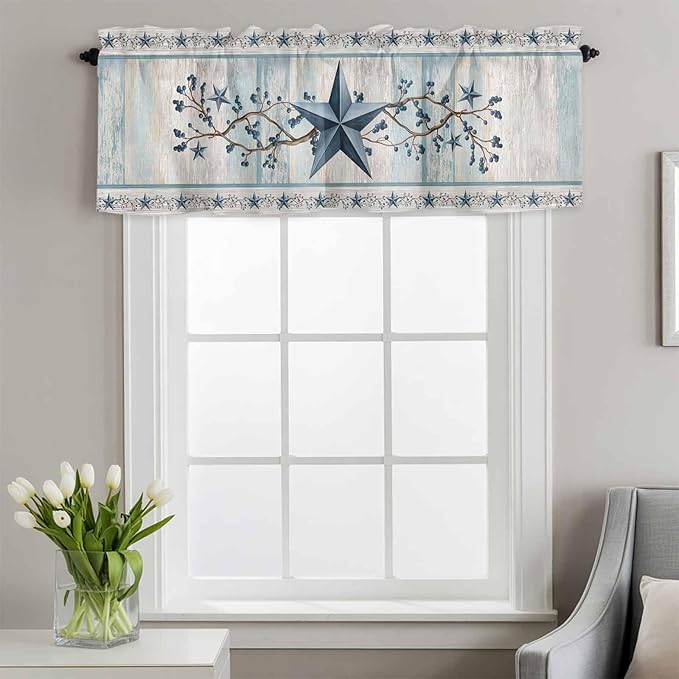 Blue Texas Star Valances for Windows, Vintage Star Berry Blue Beige Wood Grain Kitchen Valance Light Filtering Rod Pocket Short Curtains for Kitchen Bathroom, 1 Panel, 56"x16"