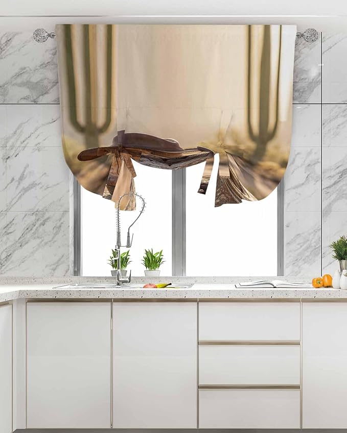 Tie Up Curtains for Windows, Cowboy Western Adjustable Balloon Nature Linen Textured Kitchen Curtain, Cowboy Hats Boots Desert Cacti Vintage Room Darkening Curtains for Glass Door, 42 x 45 in