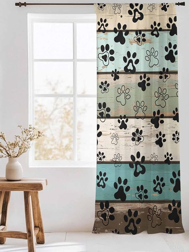 Sheer Curtains 108 Inches Long, Sage Green Brown Paw Prints Semi Sheer Curtains Light Filtering Window Treatment, Vintage Farmhouse Wooden Grain Privacy Voile Drapes for Living Room 52x108 Inch