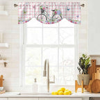 Spring Tie Up Valance Curtains for Windows, Kitchen Curtains Window Shades, Bicycles Leaves Butterfly Flowers Pink Buffalo Plaid Light Filtering Curtain Valances for Bedroom/Bathroom/Cafe 42"x18"
