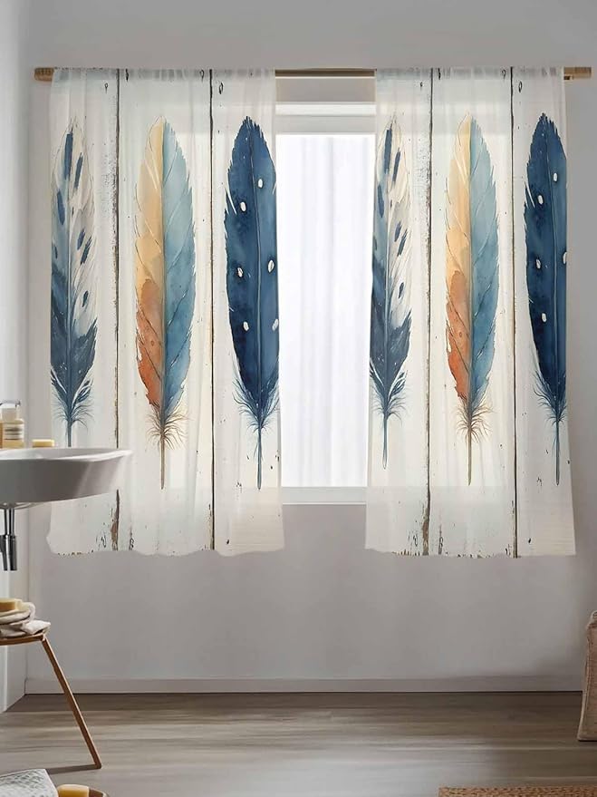 Sheer Curtains 63 Inch Length, Blue Brown Feathers Semi Sheer Curtains Light Filtering Window Treatment, Boho Ombre Vintage Wooden Grain Privacy Voile Drapes for Living Room Bedroom 52x63 Inch