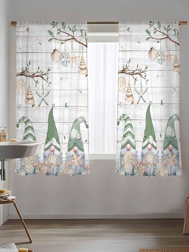 Sheer Curtains 72 Inches Long, Sage Green Gnomes Semi Sheer Curtains Light Filtering Window Treatment, Eucalypus Coastal Anchor Retro Wood Privacy Voile Drapes for Living Room Bedroom 52x72 Inch
