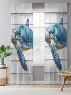 Sheer Curtains 84 Inches Long, Sea Turtle Blue Semi Sheer Curtains Light Filtering Window Treatment, Coastal Ocean Seaweed Wood Grain Privacy Voile Drapes for Living Room Bedroom 52x84 Inch