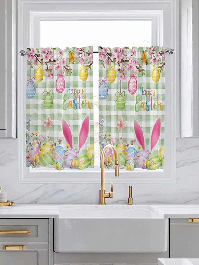 Happy Easter Kitchen Curtains 54 Inches Length, Spring Bunny Eggs Flower Sage Green Plaid Window Treatment Curtain Drapes, Thermal Insulated Drapes for Basement Hotel RV, 42"x54", 2 Panels
