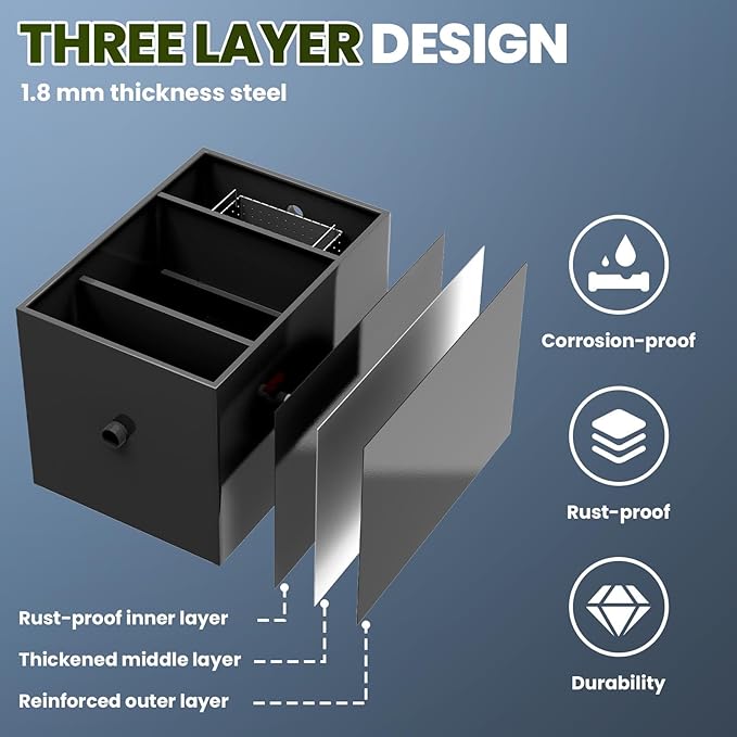Grease Interceptor, 23.6" × 15.7" × 18" Grease Trap, 30 LBS Commercial Grease Trap for Kitchens, Coffee Shops, and Food Processing Plants That Produce Oily Wastewater