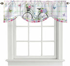Spring Tie Up Valance Curtains for Windows, Kitchen Curtains Window Shades, Bicycles Botanical Leaves Rose Colorful Stripes Light Filtering Roman Curtain Valances for Bedroom/Bathroom/Cafe 42"x12"