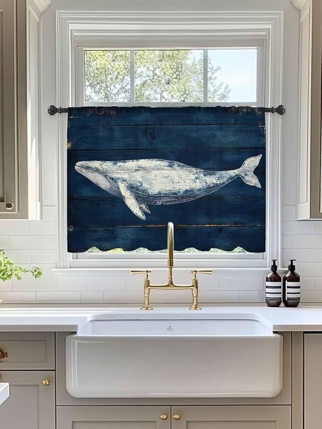 Sheer Curtains 54 Inch Length, Summer Whale Semi Sheer Curtains Light Filtering Window Treatment, Ocean Watercolor Wooden Grain Blue Privacy Voile Drapes for Living Room Bedroom 52x54 Inch