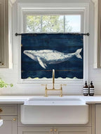 Sheer Curtains 54 Inch Length, Summer Whale Semi Sheer Curtains Light Filtering Window Treatment, Ocean Watercolor Wooden Grain Blue Privacy Voile Drapes for Living Room Bedroom 52x54 Inch