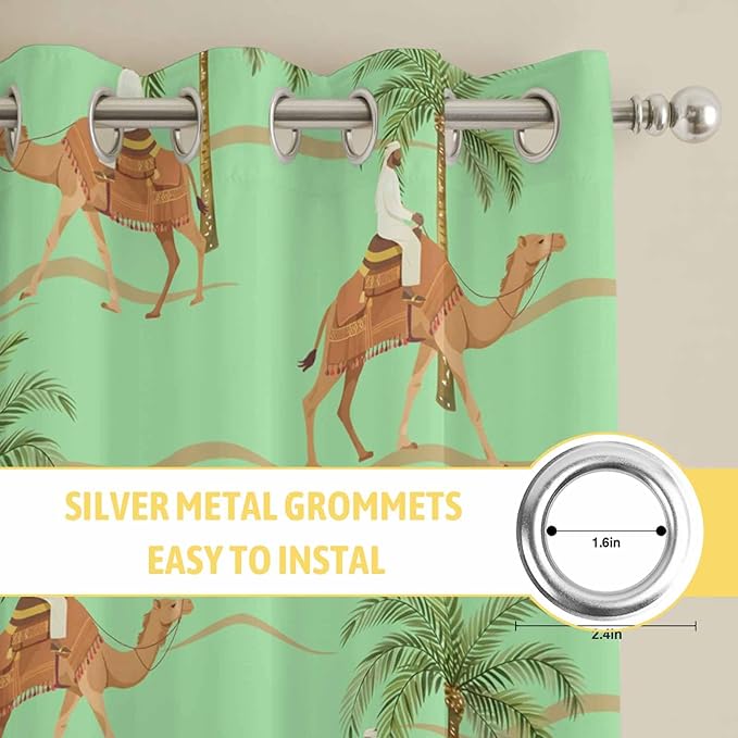 2 Panel Kitchen Cafe Curtains, Desert Camels Sunlight Filtering Nature Air Through, Home Decor Window Covering Tier Curtains for Living Room 80W x 84L inch Tropical Date Palm Trees Animal Green