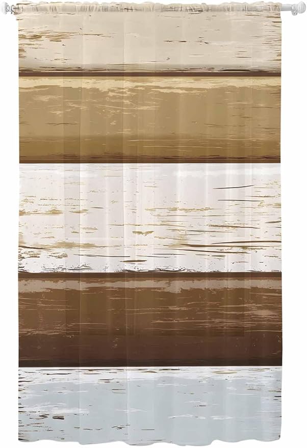 Sheer Curtains 108 Inches Long, Wood Grain Brown Semi Sheer Curtains Light Filtering Window Treatment, Farmhouse Vintage Country Geometric Privacy Voile Drapes for Living Room Bedroom 52x108 Inch