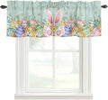 Easter Curtain Valances for Windows, Kitchen Valance Window Treatment, Spring Rabbit Ear Eggs Floral Green Wooden Grain Light Filtering Block Curtains for Bathroom/Bedroom/Living Room 42'' x 12''