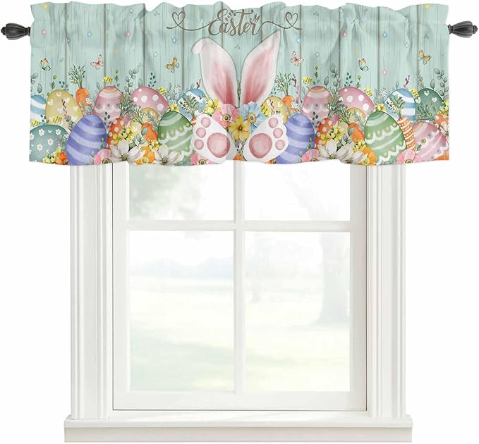 Easter Curtain Valances for Windows, Kitchen Valance Window Treatment, Spring Rabbit Ear Eggs Floral Green Wooden Grain Light Filtering Block Curtains for Bathroom/Bedroom/Living Room 42'' x 18''