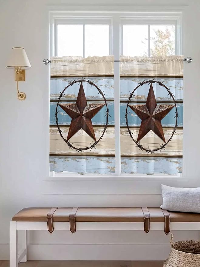 Vintage Western Star on Wood Grain Window Valance Curtains, Retro Wooden Texture Light Filtering Kitchen Valance with 3-inch Rod Pocket for Living Room Bathroom Bedroom,2 Panel,27.5x45In