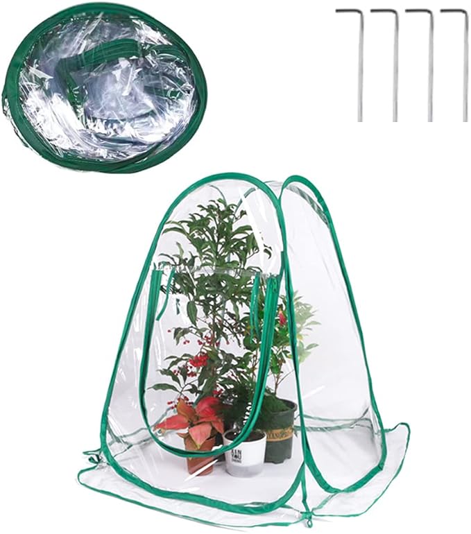 Pop Up Greenhouse Mini Plant Cover - PVC Greenhouses for Flower and Seedling Protection - Outdoor Frost Tent with Transparent Rolling Windows - Includes 4 Steel Hoops & Storage Bag