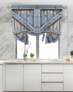 Tie Up Curtains for Windows, Farmhouse Wood Grain Adjustable Balloon Nature Linen Textured Kitchen Curtain, Vintage Country Barn Gate Textured Tie Up Light Filtering Curtains for Decor, 34 x 45 In