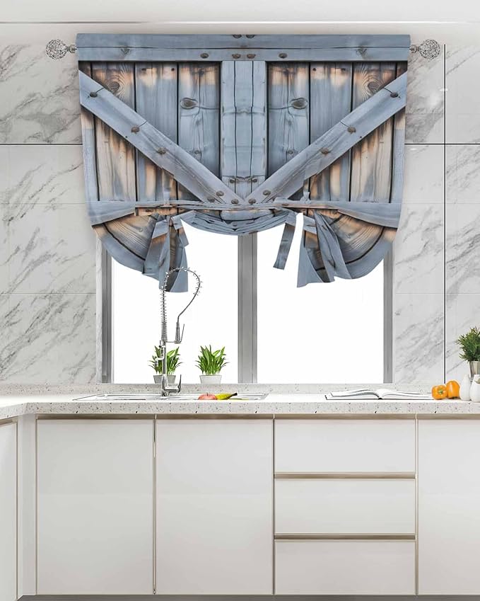 Tie Up Curtains for Windows, Farmhouse Wood Grain Adjustable Balloon Nature Linen Textured Kitchen Curtain, Vintage Country Barn Gate Textured Privacy Curtains Balloon Blind for Cafe, 42 x 63 Inches
