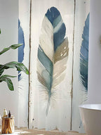 Sheer Curtains 96 Inches Long, Boho Blue Feathers Semi Sheer Curtains Light Filtering Window Treatment, Farmhouse Vintage Wooden Grain Privacy Voile Drapes for Living Room Bedroom 52x96 Inch