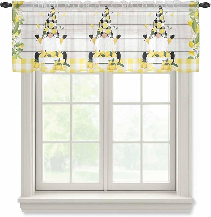 Lemon Dwarfs Sheer Valance Curtains, Gnome Green Leaf Wood Striped Black Plaid Light Filtering Kitchen Valances Rod Pocket Voile Curtain Window Treatment for Bedroom/Living Room/Basement 60Wx18L