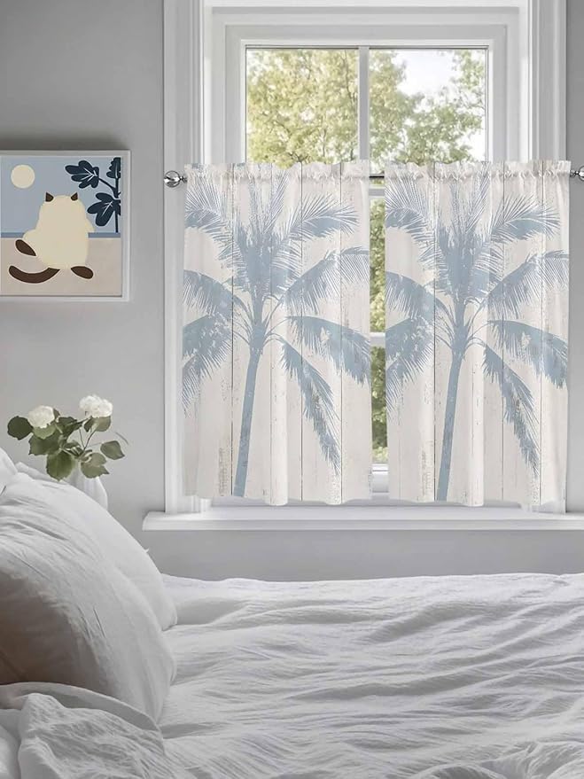 Summer Coconut Tree on Vintage Wood Grain Window Valance Curtains, Seaside Plants Light Filtering Kitchen Valance with 3-inch Rod Pocket for Living Room Bathroom Bedroom,2 Panel,52x45In