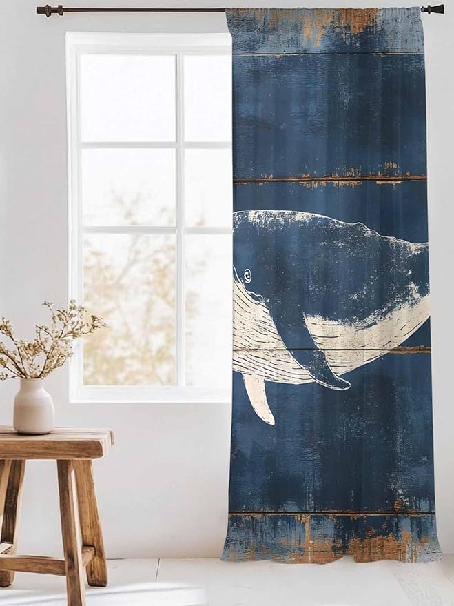 Sheer Curtains 84 Inches Long, Summer Whale Blue Semi Sheer Curtains Light Filtering Window Treatment, Coastal Ocean Vintage Wooden Grain Privacy Voile Drapes for Living Room Bedroom 52x84 Inch