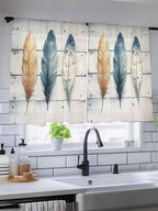 Sheer Curtains 54 Inch Length, Boho Blue Feathers Semi Sheer Curtains Light Filtering Window Treatment, Country Vintage Wooden Grain Privacy Voile Drapes for Living Room Bedroom 52x54 Inch