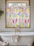 Happy Easter Kitchen Curtains 45 Inches length, Spring Bunny Colorful Eggs Flower Plaid Window Treatment Curtain Drapes, Lightweight Window Panels for Living Room Bedroom, 52"x45", 2 Panels