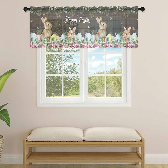 Easter Sheer Valances for Windows 60"x18", Light Filtering Kitchen Curtains Valance, Spring Watercolor Bunny Eggs Flower Leaf Wood Grain Rod Pocket Chiffon Curtains for Living Room Bedroom Cafe