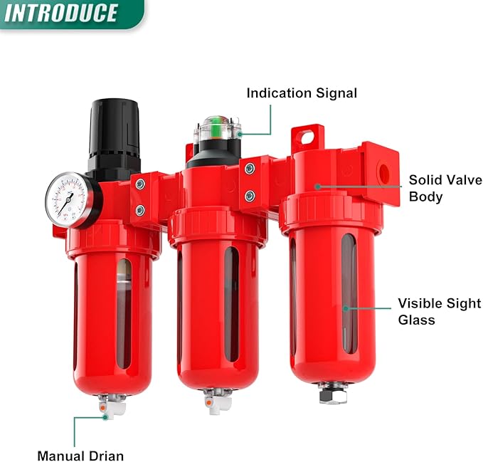 Industrial Grade Three-Stage Air Drying System, 0-150 PSI, 3/8 Inch NPT, Aluminum Alloy, with Particulate Filter, Coalescing Filter, Desiccant Dryer, and Air Regulator (Manual Drainage)