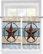 Vintage Western Star on Wood Grain Window Valance Curtains, Retro Wooden Texture Light Filtering Kitchen Valance with 3-inch Rod Pocket for Living Room Bathroom Bedroom,2 Panel,27.5x45In