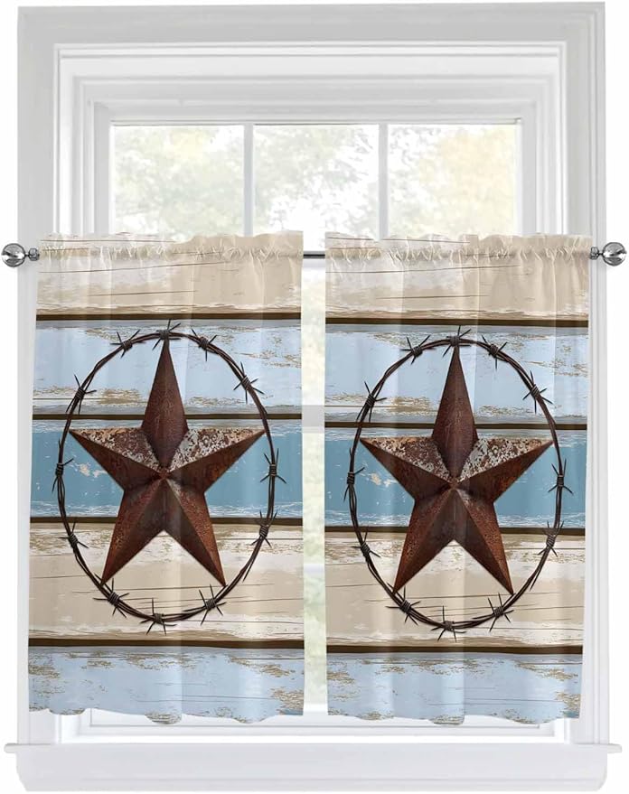 Vintage Western Star on Wood Grain Window Valance Curtains, Retro Wooden Texture Light Filtering Kitchen Valance with 3-inch Rod Pocket for Living Room Bathroom Bedroom,2 Panel,42x45In