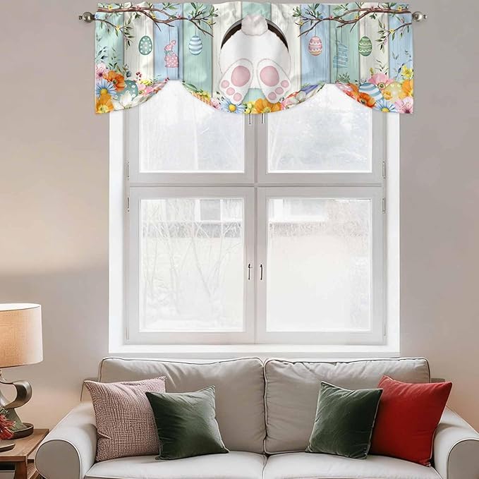 Easter Tie Up Valance Curtains for Windows, Kitchen Curtains Window Shades, Spring Watercolor Bunny Eggs Wood Grain Teal Blue Light Filtering Roman Curtain Valances for Bedroom/Bathroom/Cafe 54"x18"