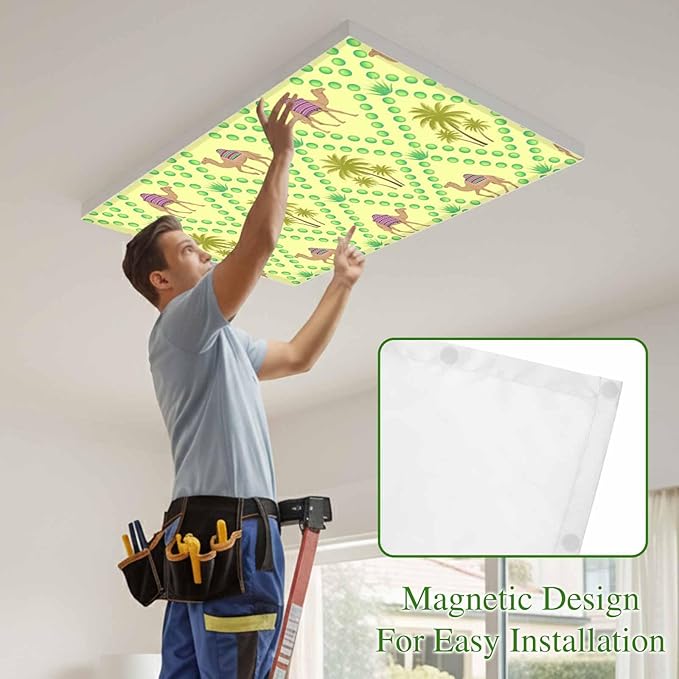 3 Pack Fluorescent Light Cover, Desert Sand Camels Light Covers for Ceiling Lights, Palm Trees Tropical Plants Polka Dot Yellow Magnetic Lights Filters Ceiling Shade for Classroom/Office - 4 x 2 Feet