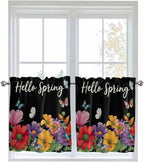 Spring Flowers Half Window Curtain 36 Inches Long, Watercolor Country Colorful Floral Black Window Treatment Curtain Drapes, Small Tier Curtains for Bathroom Over Sink, 27.5"x36", 2 Panels
