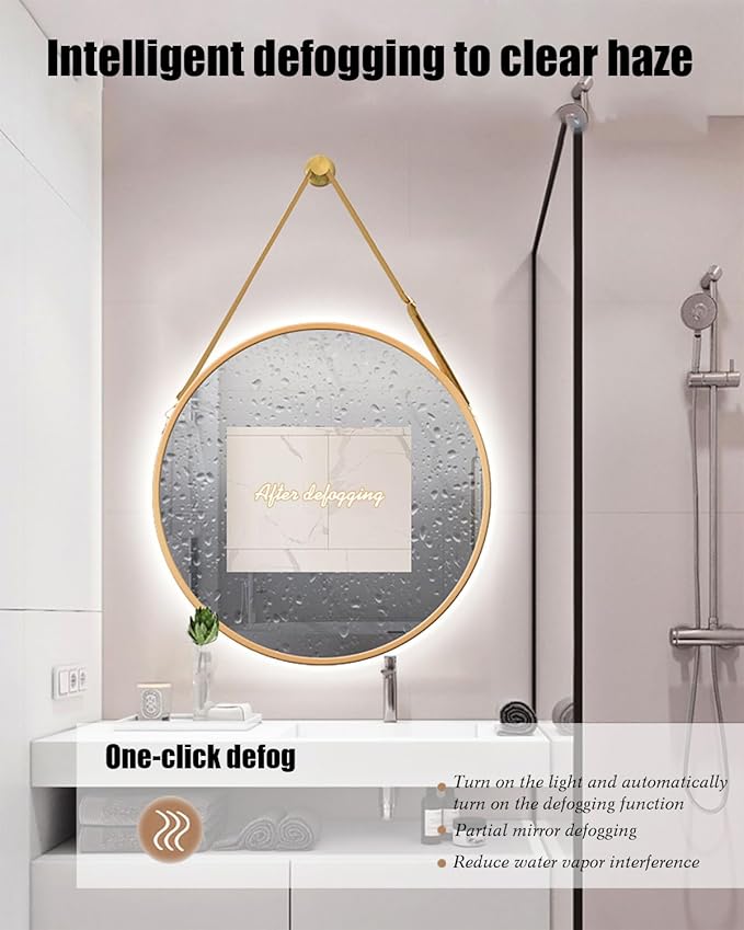 JSLJDM 500X500 mm Illuminated Backlit LED Bathroom Mirror, Wall Mounted Multifunction Bathroom Vanity Mirror with Lights and Demister Pad, Energy-Saving Illuminated Smart Mirror 70cm/27.5in Gold