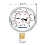 MEASUREMAN 2-1/2" Dial Size, Glycerin Filled Pressure Gauge, 30inHG-60psi, 304 Stainless Steel Case, 1/4" NPT Lower Mount