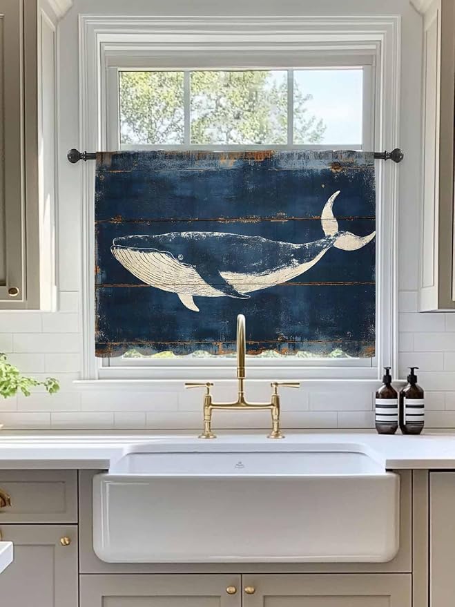 Sheer Curtains 54 Inch Length, Summer Whale Blue Semi Sheer Curtains Light Filtering Window Treatment, Coastal Ocean Vintage Wooden Grain Privacy Voile Drapes for Living Room Bedroom 52x54 Inch