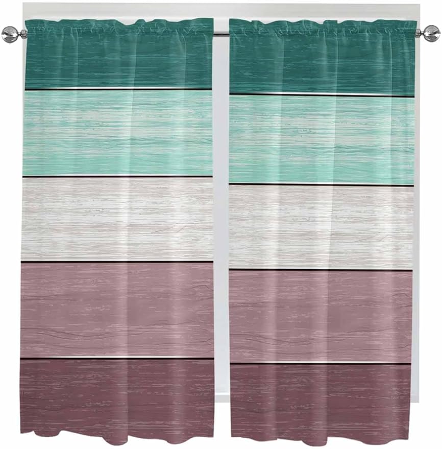 Retro Farm Woodcuts Texture Window Valance Curtains, Green Brown Gradient Light Filtering Kitchen Valance with 3-inch Rod Pocket for Living Room Bathroom Bedroom,2 Panel,52x72In