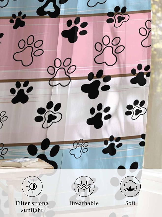 Sheer Curtains 108 Inches Long, Pink Blue Paw Print Semi Sheer Curtains Light Filtering Window Treatment, Vintage Farmhouse Wooden Grain Privacy Voile Drapes for Living Room Bedroom 52x108 Inch