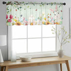 Easter Sheer Valances for Windows 42"x12", Light Filtering Kitchen Curtains Valance, Spring Watercolor Bunny Eggs Tulip Wooden Grain Teal Rod Pocket Chiffon Curtains for Living Room Bedroom Cafe