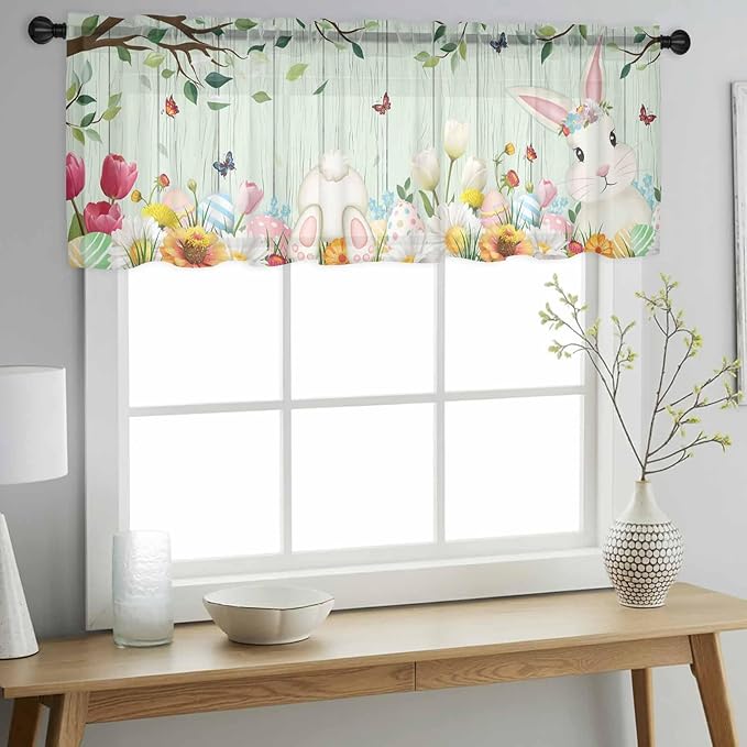 Easter Sheer Valances for Windows 42"x12", Light Filtering Kitchen Curtains Valance, Spring Watercolor Bunny Eggs Tulip Wooden Grain Teal Rod Pocket Chiffon Curtains for Living Room Bedroom Cafe