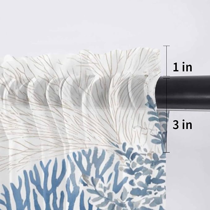 Ocean Corals Sheer Valance Curtains, Summer Beach Coral Sea Stars Light Filtering Kitchen Valances Rod Pocket Voile Curtain Window Treatment for Bedroom/Living Room/Basement 60Wx18L