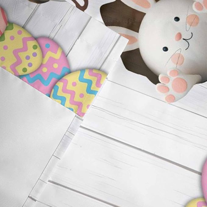 Grey Easter Curtain Valances for Windows, Kitchen Valance Window Treatment, Spring Cartoon Bunny Colorful Eggs Wood Grain Light Filtering Block Curtains for Bathroom/Bedroom/Living Room 60'' x 18''