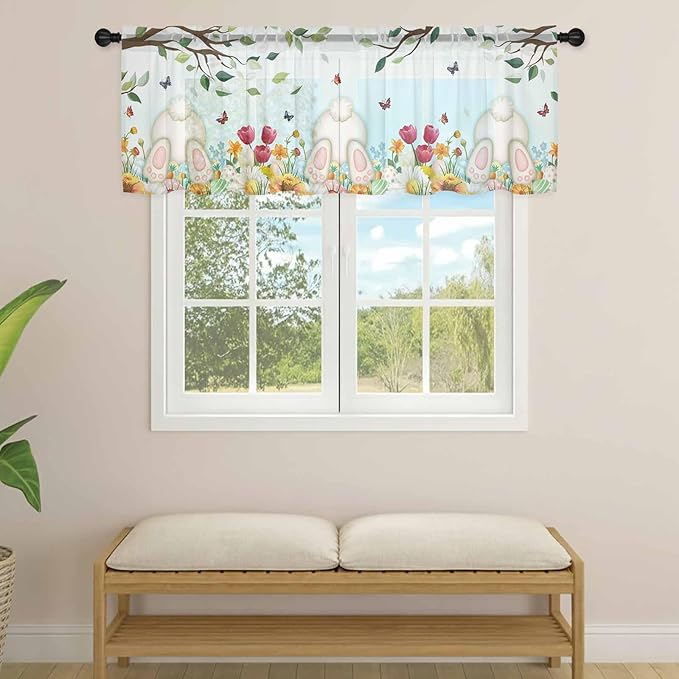 Easter Sheer Valances for Windows 60"x18", Light Filtering Kitchen Curtains Valance, Spring Watercolor Eggs Country Tulip Flower Plant Rod Pocket Chiffon Curtains for Living Room Bedroom Cafe