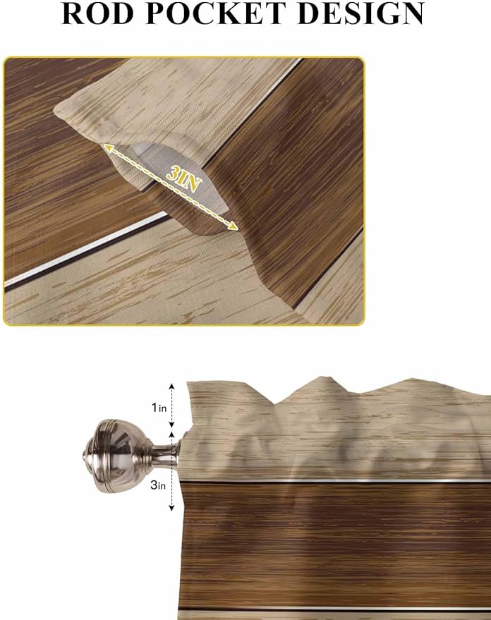 Retro Country Brown Wooden Board Window Valance Curtains, Farmhouse Gradient Plank Light Filtering Kitchen Valance with 3-inch Rod Pocket for Living Room Bathroom Bedroom,2 Panel,42x54In