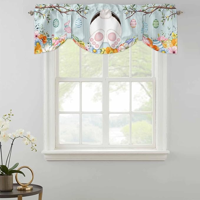 Easter Bunny Tie Up Valance Curtains for Windows, Kitchen Curtains Window Shades, Easter Eggs Spring Farmhouse Wood Grain Teal Blue Light Filtering Curtain Valances for Bedroom/Bathroom/Cafe 54"x18"