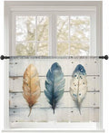 Sheer Curtains 45 Inch Length, Boho Blue Feathers Semi Sheer Curtains Light Filtering Window Treatment, Country Vintage Wooden Grain Privacy Voile Drapes for Living Room Bedroom 52x45 Inch