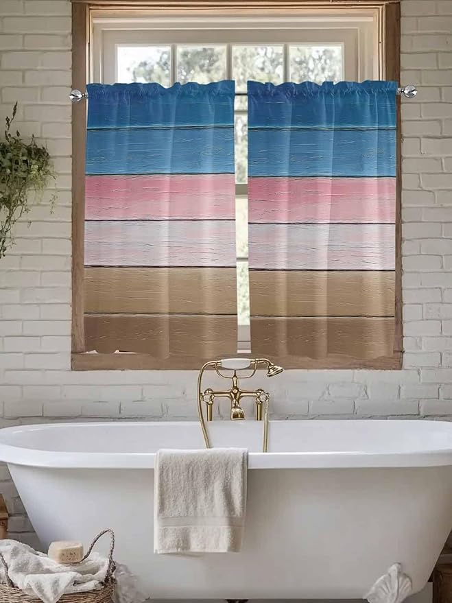 Blue Pink Brown Gradient Wood Grain Window Valance Curtains, Vintage Wood Board Light Filtering Kitchen Valance with 3-inch Rod Pocket for Living Room Bathroom Bedroom,2 Panel,52x45In