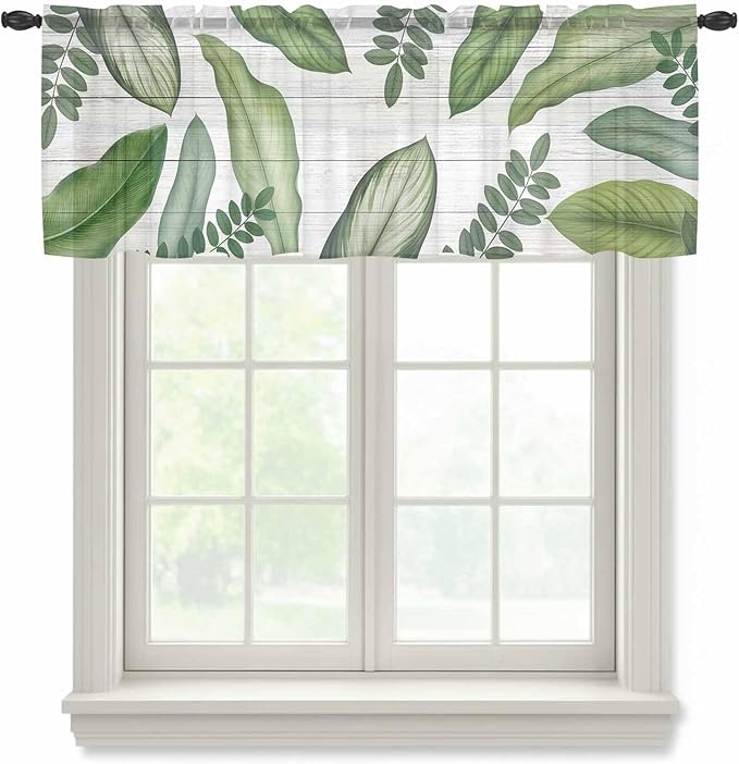 Summer Palm Leaf Sheer Valance Curtains, Green Tropical Plants Nature Leaves Wood Grain Light Filtering Kitchen Valances Rod Pocket Voile Curtain Treatment for Bedroom/Living Room/Basement 54Wx18L
