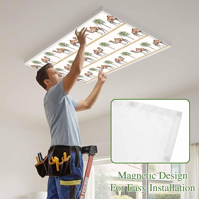 Fluorescent Light Covers for Ceiling Lights Desert Camel Magnetic Light Filters 1 Pack 4x2 ft Boho Southwest Date Trees Ceiling Lights Cover for Classroom Office School Home Drop Lamp Decor