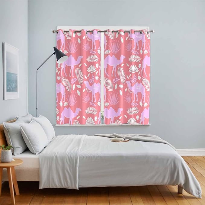 2 Panel Kitchen Cafe Curtains, Desert Camel Sunlight Filtering Nature Air Through, Home Decor Window Covering Tier Curtains for Living Room 80W x 63L inch Vintage Sand Camel Leaves Flower Pattern Pink